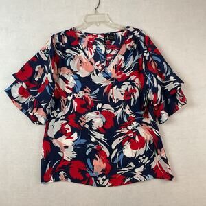 New Directions Top Womens M Blue Red White Layered Ruffle‎ Short Sleeves NEW